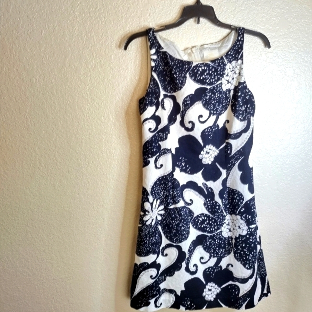 Anna Sui Anthropologie Black White Cotton Pique Floral Dress Career Work sz 4